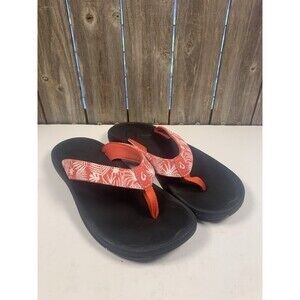 OluKai Black Footbed Red Tropical Print Thongs